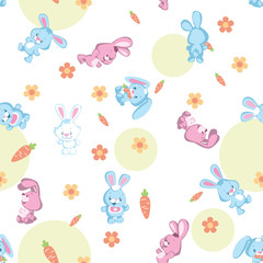 Seamless pattern on a transparent background with funny little rabbits, carrots and flowers. Cartoon vector illustration