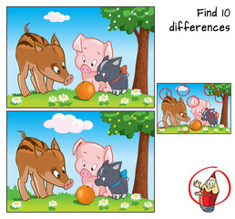 Three little pigs and orange. Find 10 differences. Educational game for children. Cartoon vector illustration