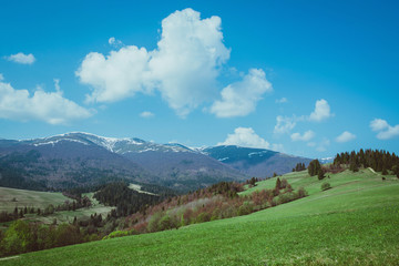 Landscape of great mountains in spring in the sunny day