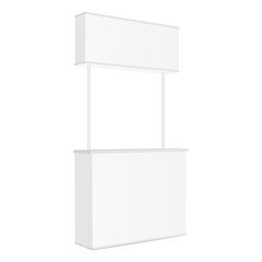 Promotion counter mockup isolated on white background. Advertising portable kiosk. Retail store equipment. Table for promotions. Point-of sale. Vector illustration