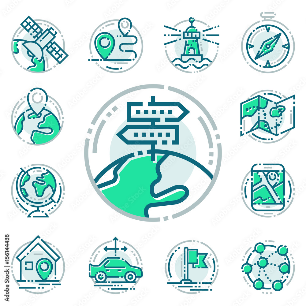 Aufkleber navigation direction maps sign traffic and more thin line icons set vector illustration
