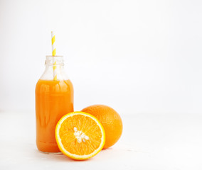 Orange juice in a bottle. The concept of beverages, health food and diet.