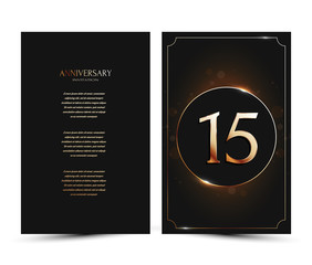 15 years anniversary decorated greeting / invitation card template with golden elements.