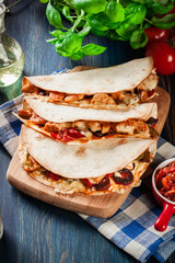 Mexican Quesadilla with chicken, sausage chorizo and red pepper