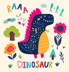 Illustration with funny dinosaur and flower 