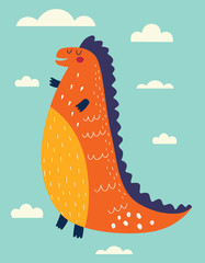 Illustration with funny dinosaur against the sky