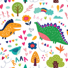 Seamless pattern with cute dinosaurs in nature