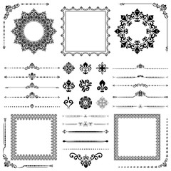 Vintage set of classic black elements. Different elements for decoration and design frames, cards, menus, backgrounds and monograms. Classic patterns. Set of vintage patterns