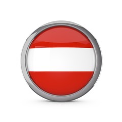 Austria national flag in a glossy circle shape with chrome frame. 3D Rendering