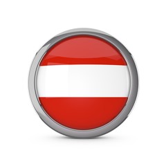 Obraz premium Austria national flag in a glossy circle shape with chrome frame. 3D Rendering