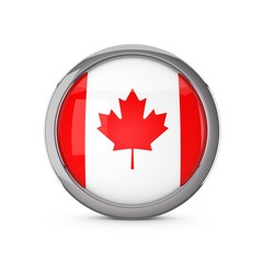 Canada national flag in a glossy circle shape with chrome frame. 3D Rendering