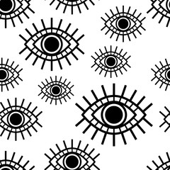 Vector seamless pattern with open decorative black eyes isolated on white background.
