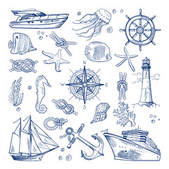 Sea or ocean underwater life with different animals and marine objects. Vector pictures in hand drawn style © ONYXprj