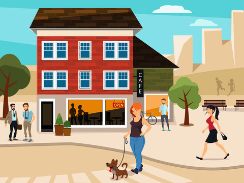 Urban illustration with walking people on the street. Road and buildings. Vector picture