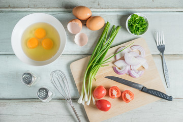 Ingredients for making homemade omelet.