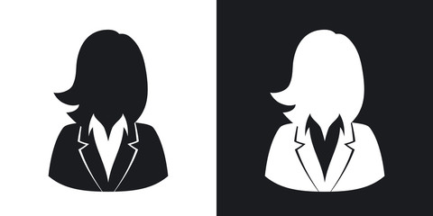 Vector user icon of woman in business suit. Two-tone version on black and white background