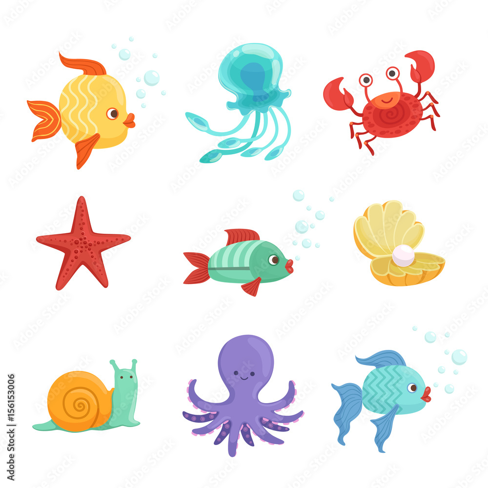 Sticker Marine set with underwater plants and sea fishes in cartoon style. Vector illustrations set