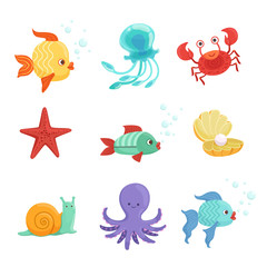 Marine set with underwater plants and sea fishes in cartoon style. Vector illustrations set