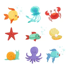 Foto op Plexiglas In de zee Marine set with underwater plants and sea fishes in cartoon style. Vector illustrations set