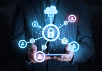 Fototapeta premium Smart hand holding Lock tablet futuristic connection technology