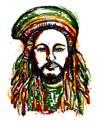 Portrait of rastaman. Jamaica theme. Reggae concept design. Tattoo art. Hand drawn grunge style art. Retro banner, card, t-shirt, bag, print, poster.Vintage colorful hand drawn vector illustration