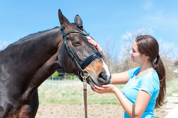 Obraz premium Rest after training. Lady owner scratching her favorite horse nose