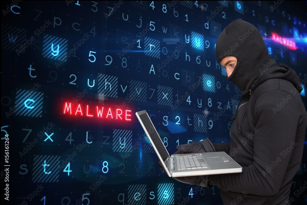 Poster hacker using a laptop with a digital background