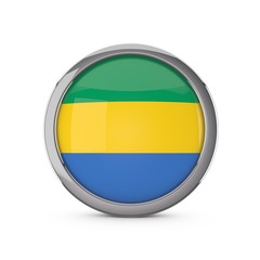 Gabon national flag in a glossy circle shape with chrome frame. 3D Rendering