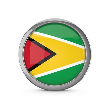 Guyana national flag in a glossy circle shape with chrome frame. 3D Rendering