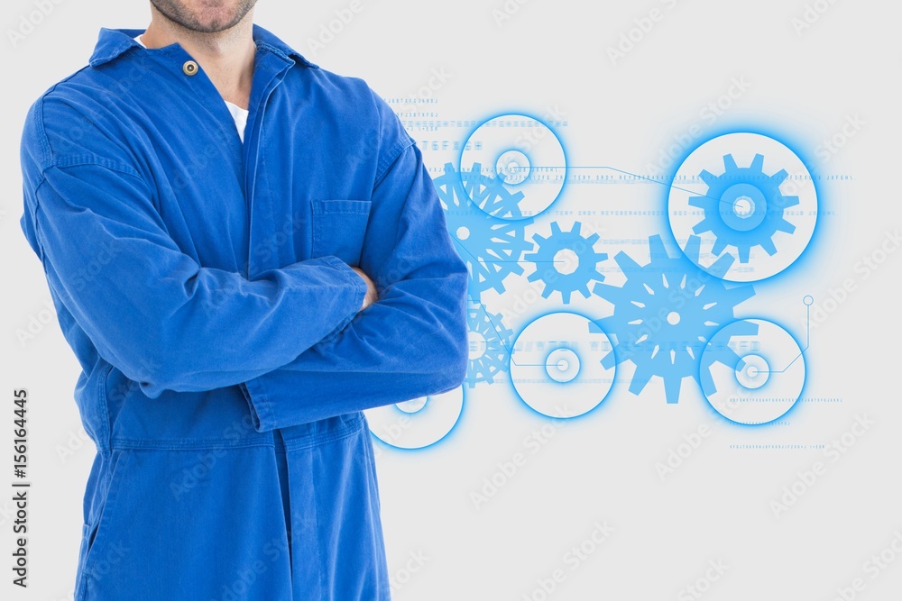 Poster mechanic with arms crossed in front of cogs
