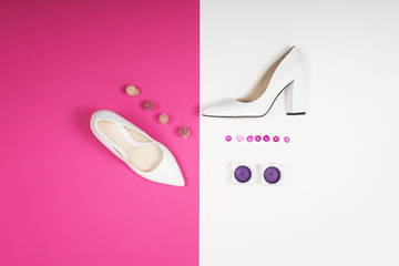 Stylish Trendy white heels . Summer fashion Outfit, Luxury Party shoes. Hipster Essentials. Minimal fashion concept