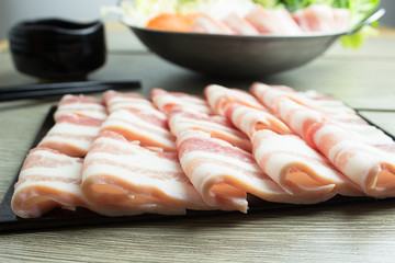 Fresh Beef and pork slices for Sukiyaki close up