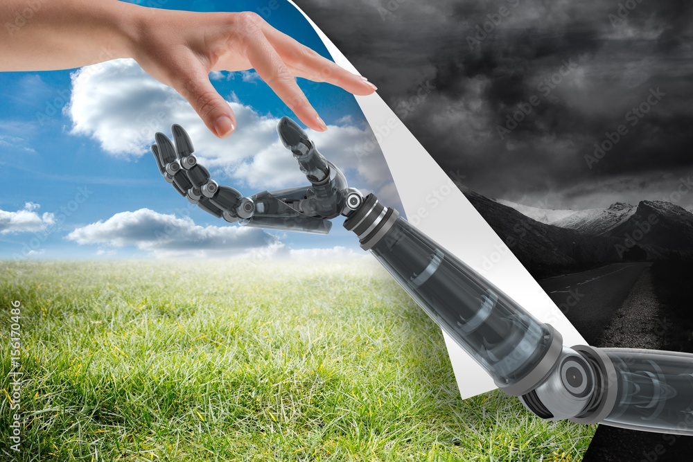 Poster Human and robot touching their fingers between blue and grey sky