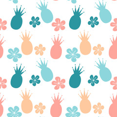 cute colorful seamless vector pattern background illustration with pineapples and flowers