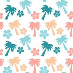 Fototapeta na wymiar colorful seamless vector pattern background illustration with palm trees and hibiscus flowers