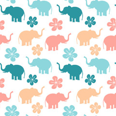 cute colorful seamless vector pattern background illustration with elephants and flowers