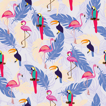  pattern with exotic tropical birds and Feathers.