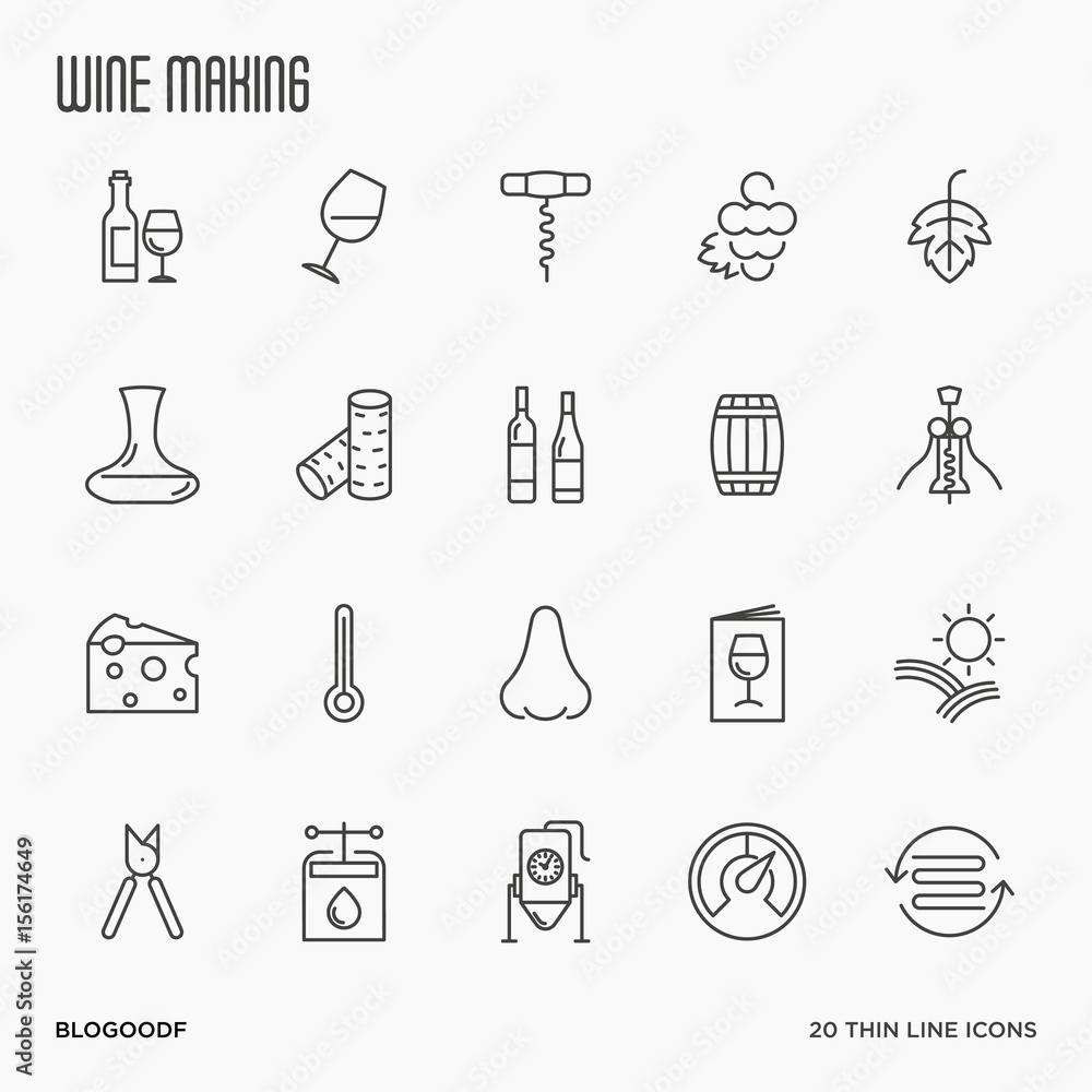 Poster thin line wine and wine making icons set isolated on white background. vector illustration..