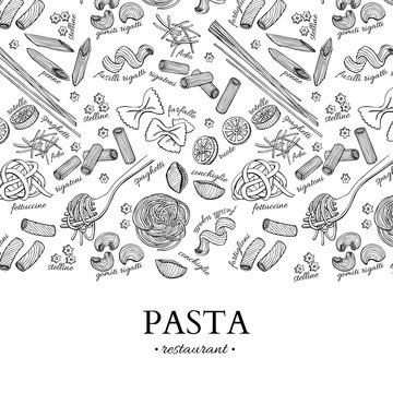 Italian pasta restaurant vector vintage illustration. Hand drawn engraved banner.