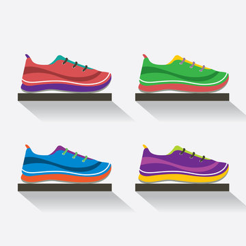 Side View Of Running Shoes On Shelf Vector Illustration