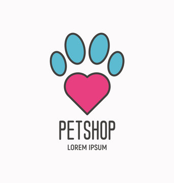 Simple colorful logotype with paw for vet clinic, pet shop, dog training or dog shelter. Vector illustration in modern flat line style.