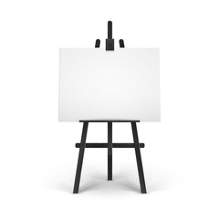Vector Wooden Black Easel with Mock Up Empty Blank Horizontal Canvas Isolated on Background