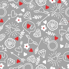 Seamless  background with hearts, arrows, ringlets, flowers, love.  illustration for fabric, scrap-booking paper and other