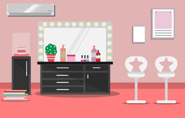 Illustration interior beauty salon or make-up room for several people on a pink background with a make-up table, chairs, lamps, a large mirror, and other objects in flat style