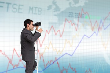 Businessman with binoculars on ladder against graphic background