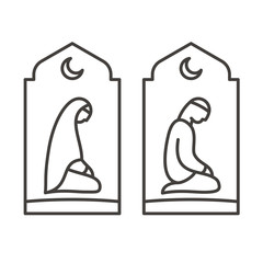 Muslim man and woman making a supplication. Islamic prayer icons.