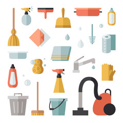 Cleaning flat vector icons square set.