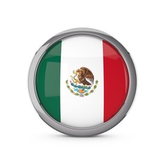 Mexico national flag in a glossy circle shape with chrome frame. 3D Rendering