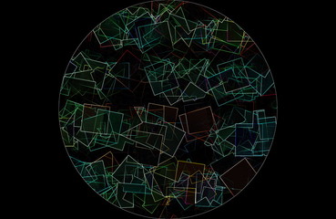 Schwarzer Kreis mit geometrischen Formen vor schwarzem Hintergrund