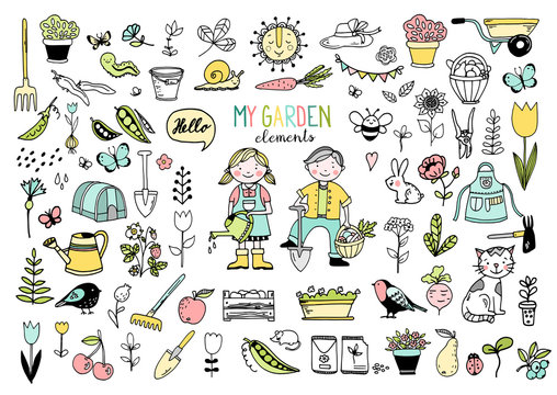 Big collection of garden elements in color, isolated hand drawn vector illustration